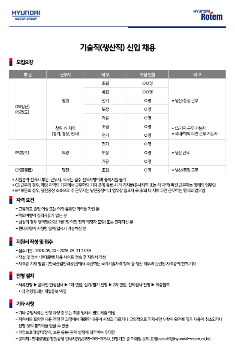 [현대로템] 기술직(생산직) 신입 채용 (~05/31)