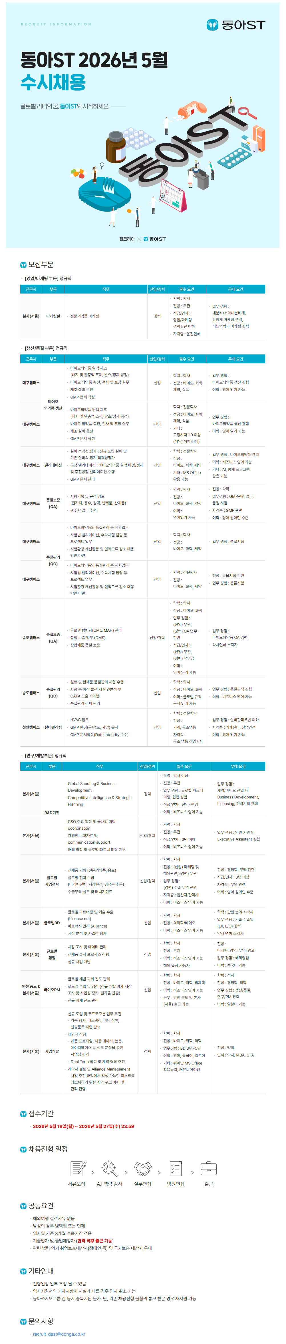 [동아ST] 2026년 5월 각 부문별 신입 및 경력 수시채용 (~05/27)