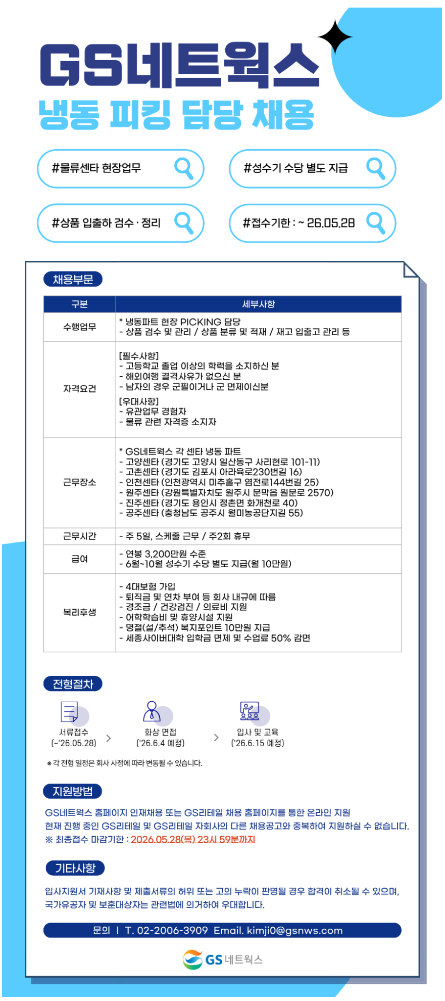 [GS네트웍스] 물류센타 현장 냉동 피킹담당 신입 채용