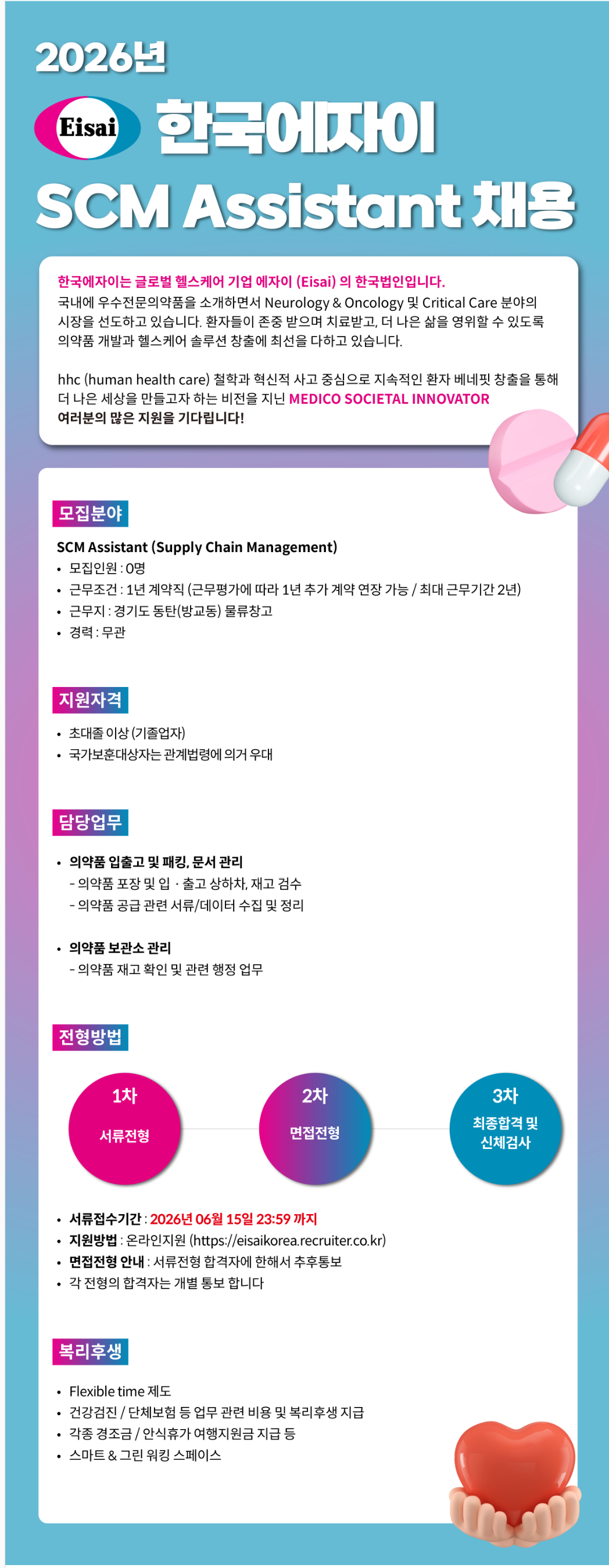 [한국에자이] SCM Assistant (Supply Chain Management) 채용 (~6/15, 계약직)