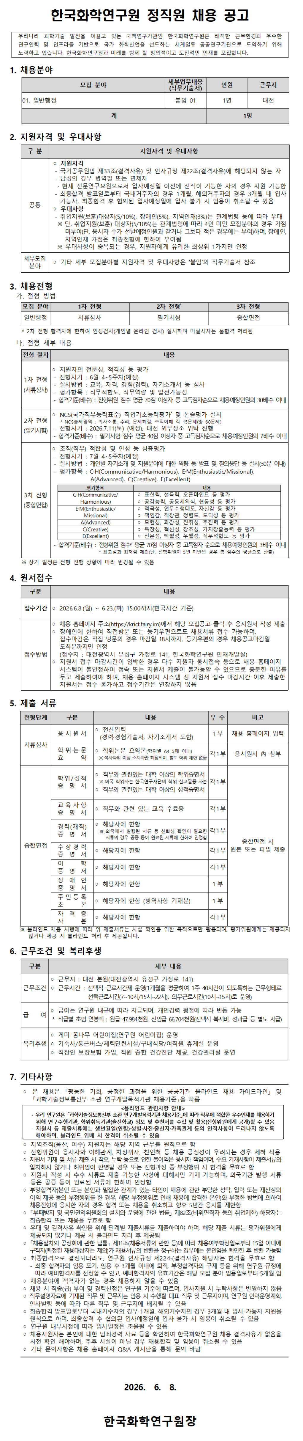 [한국화학연구원] 2026년 상반기 정직원 채용 (~06/23)