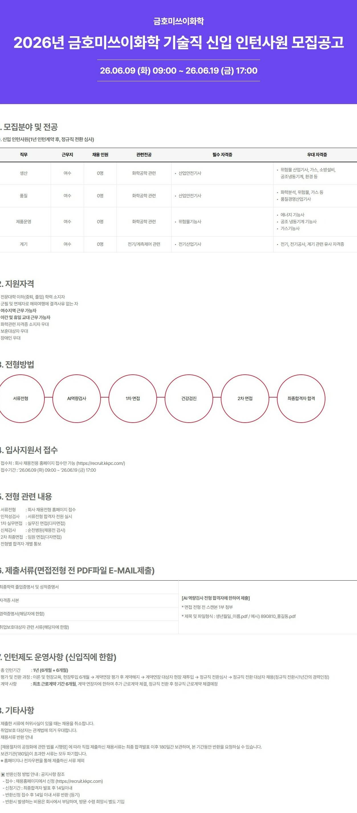 [금호미쓰이화학] 2026년 금호미쓰이화학 기술직 신입 인턴사원 모집공고