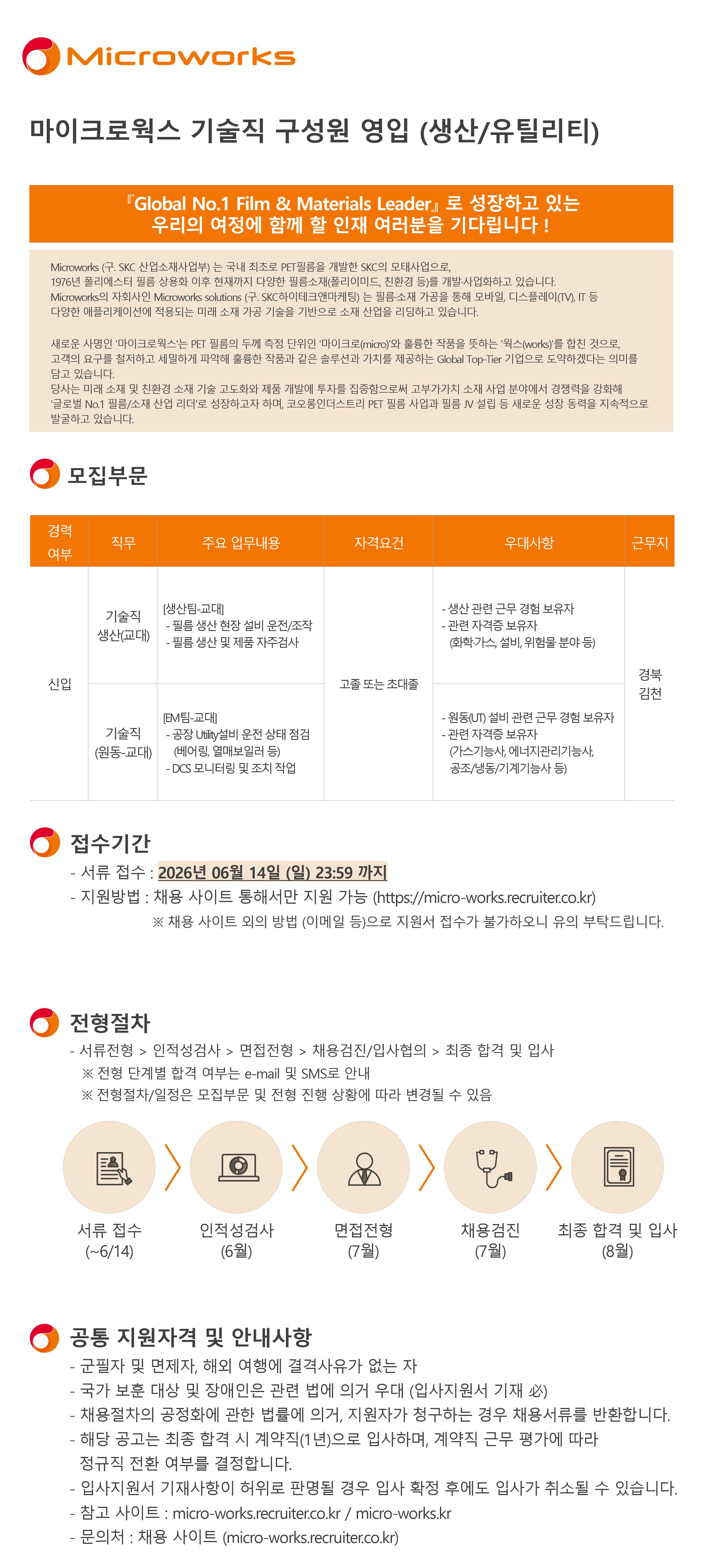 [마이크로웍스] 2026년 기술직 신입 구성원 영입 (생산/유틸리티)