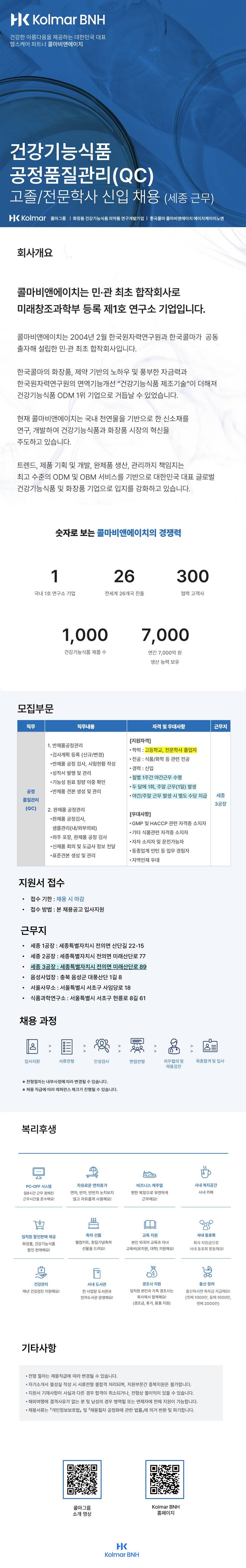 [콜마비앤에이치] 공정품질관리(QC) 고졸/전문학사 신입 채용 (채용 시 마감)