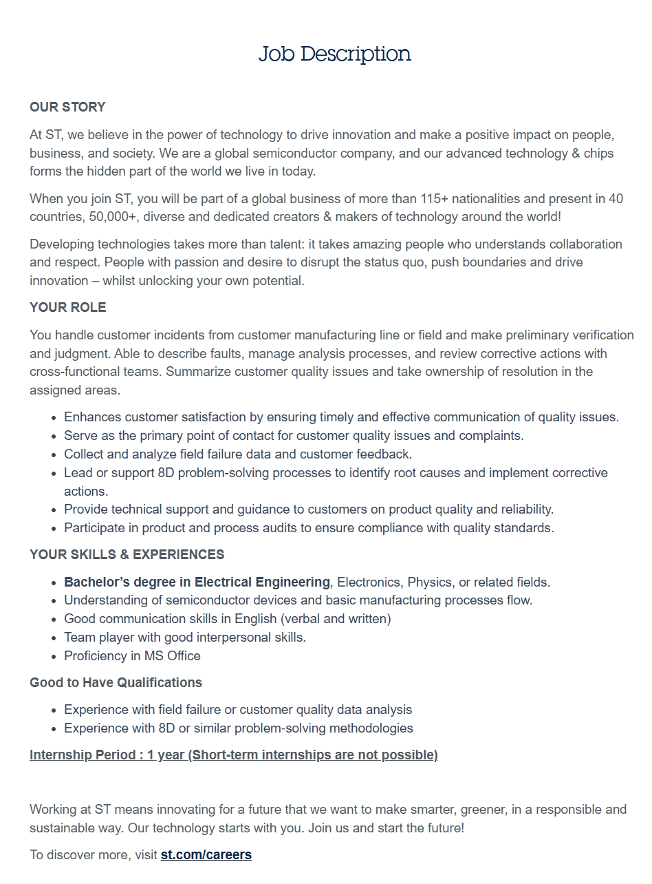 [ST마이크로일렉트로닉스] Field Quality Support Field Quality Support Intern, 1Year
