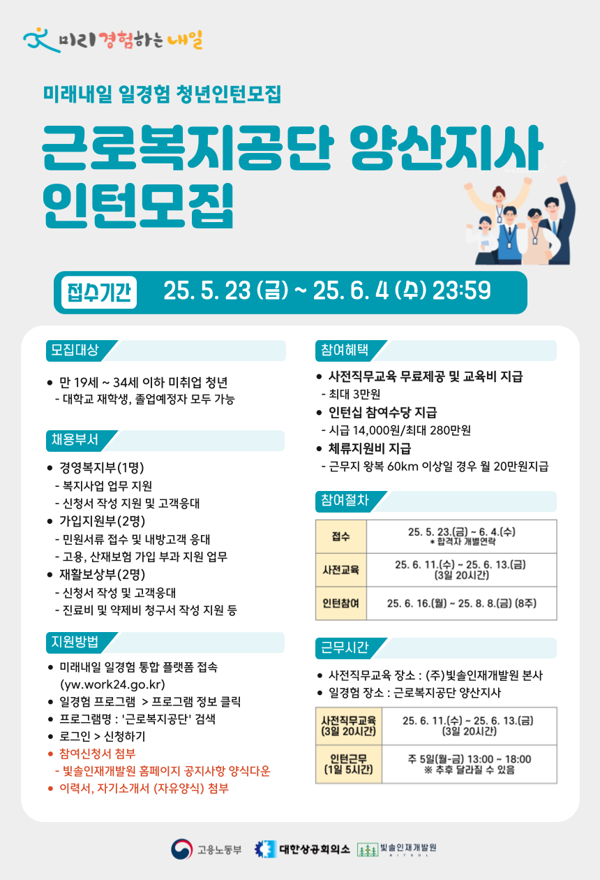 2025년 미래내일 일경험 [근로복지공단 양산지사] 인턴십 참여자 모집
