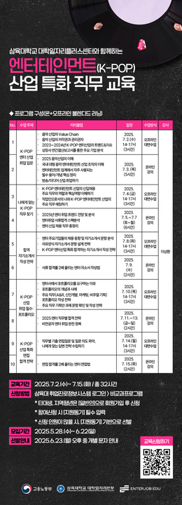 [전액무료] 삼육대학교 대학일자리플러스센터와 함께하는 엔터테인먼트(K-POP) 산업 특화 직무 교육