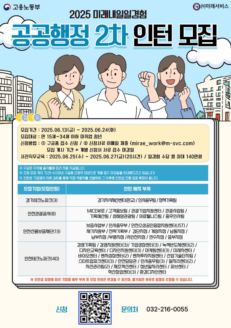 [고용노동부] [미래내일일경험] 2025 공공행정 2차 인턴 모집(~6/24 낮 12시까지)
