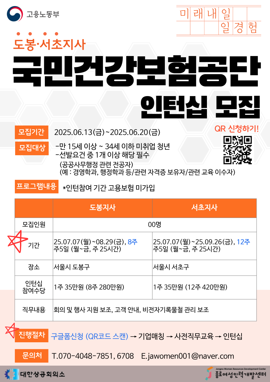 [2025 미래내일 일경험 인턴십_국민건강보험공단 도봉,서초북부지사] 공공사무행정 참여자 모집!