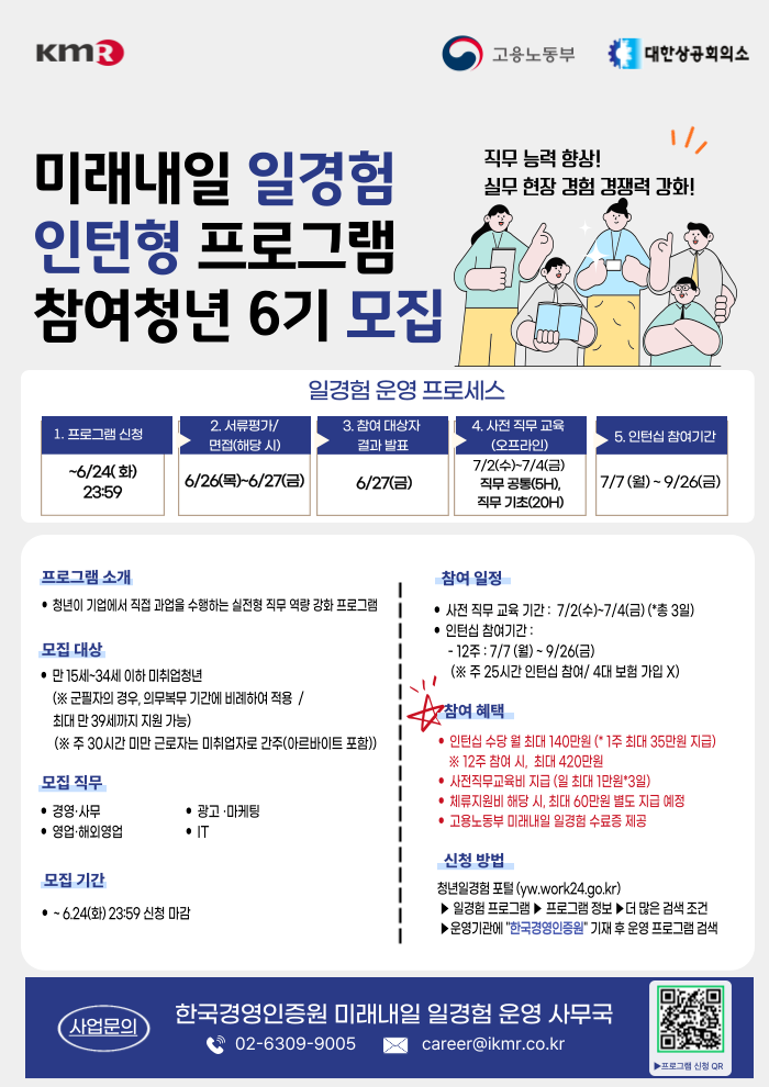 2025년 미래내일 일경험  6기 체험형 인턴 모집 공고 (미래내일 일경험xKMR)
