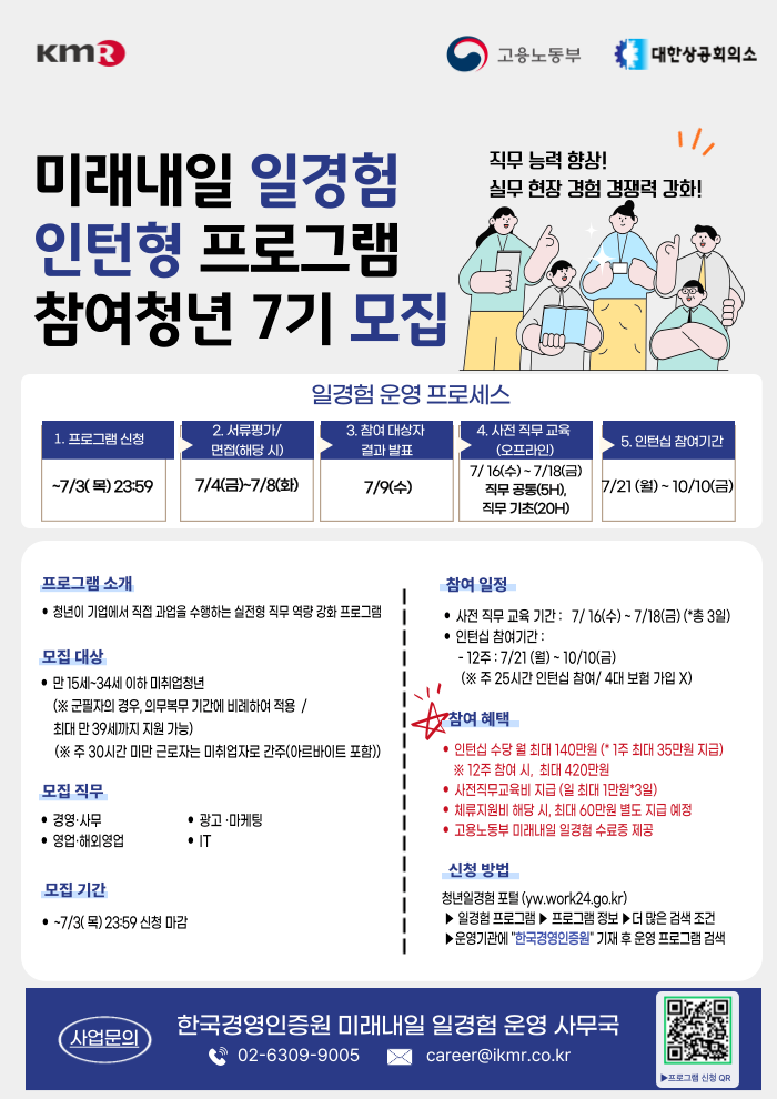 2025년 미래내일 일경험  7기 체험형 인턴 모집 공고 (미래내일 일경험xKMR)