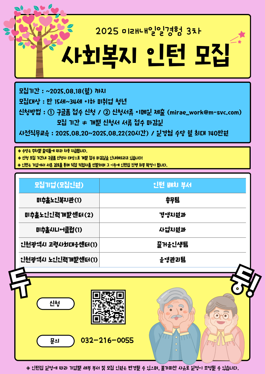 [고용노동부] [미래내일일경험] 2025 공공행정 3차 사회복지 인턴 모집(~8/18 까지)