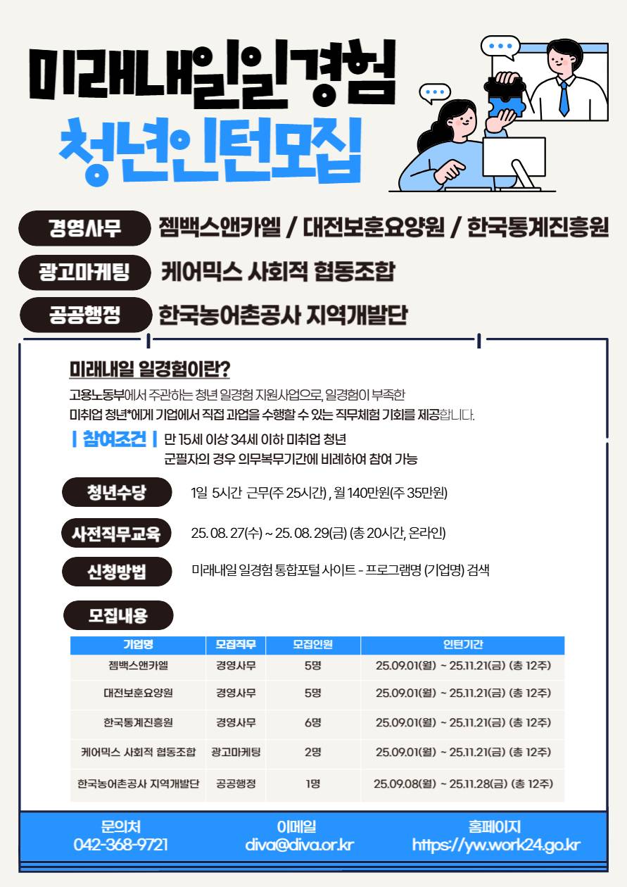 [미래내일일경험] 한국통계진흥원, 한국농어촌공사 지역개발지원단 외 3개사 대전세종 청년인턴 모집