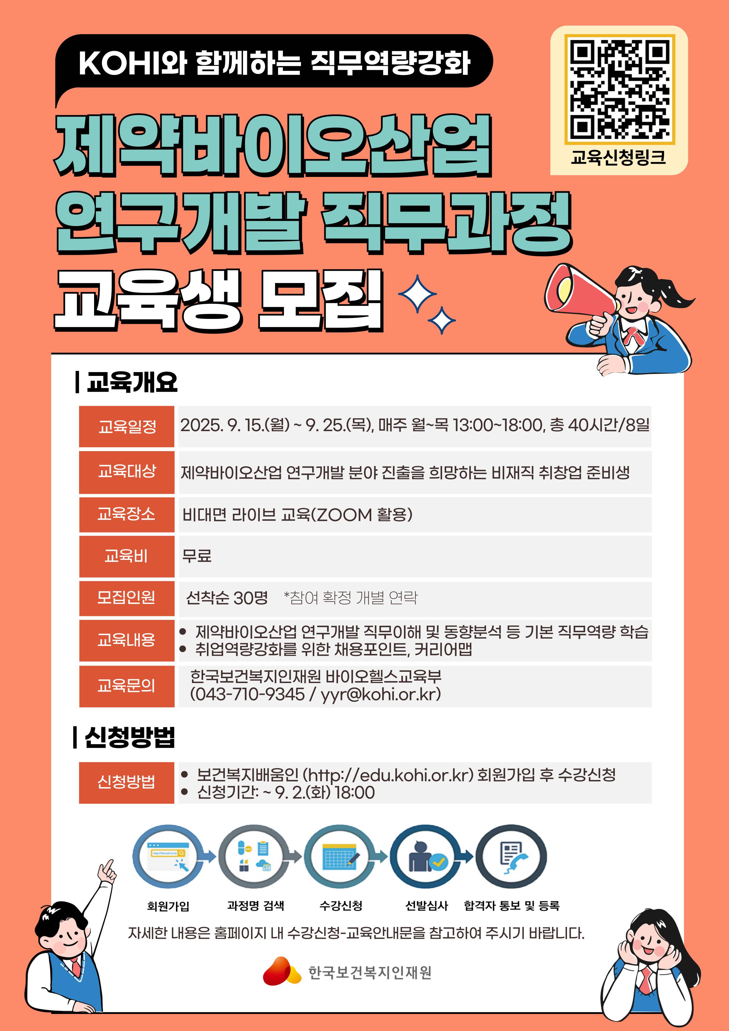 [한국보건복지인재원 무료교육] 제약바이오산업 연구개발 직무과정 교육생 모집