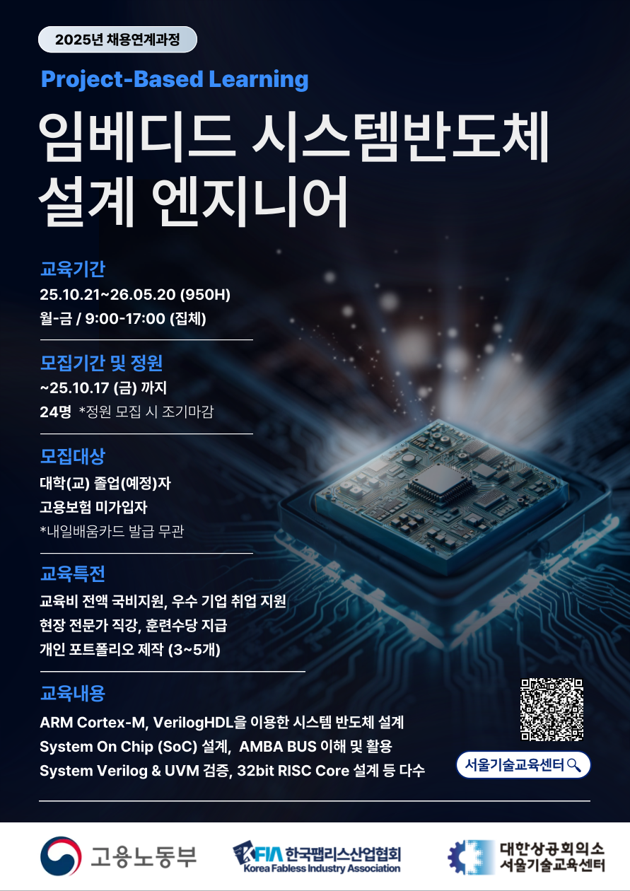 [Harman과정동일, 팹리스기업채용연계] 시스템반도체 설계 엔지니어 교육생 모집 - 취업연계과정 (전액국비,내일배움카드무관)