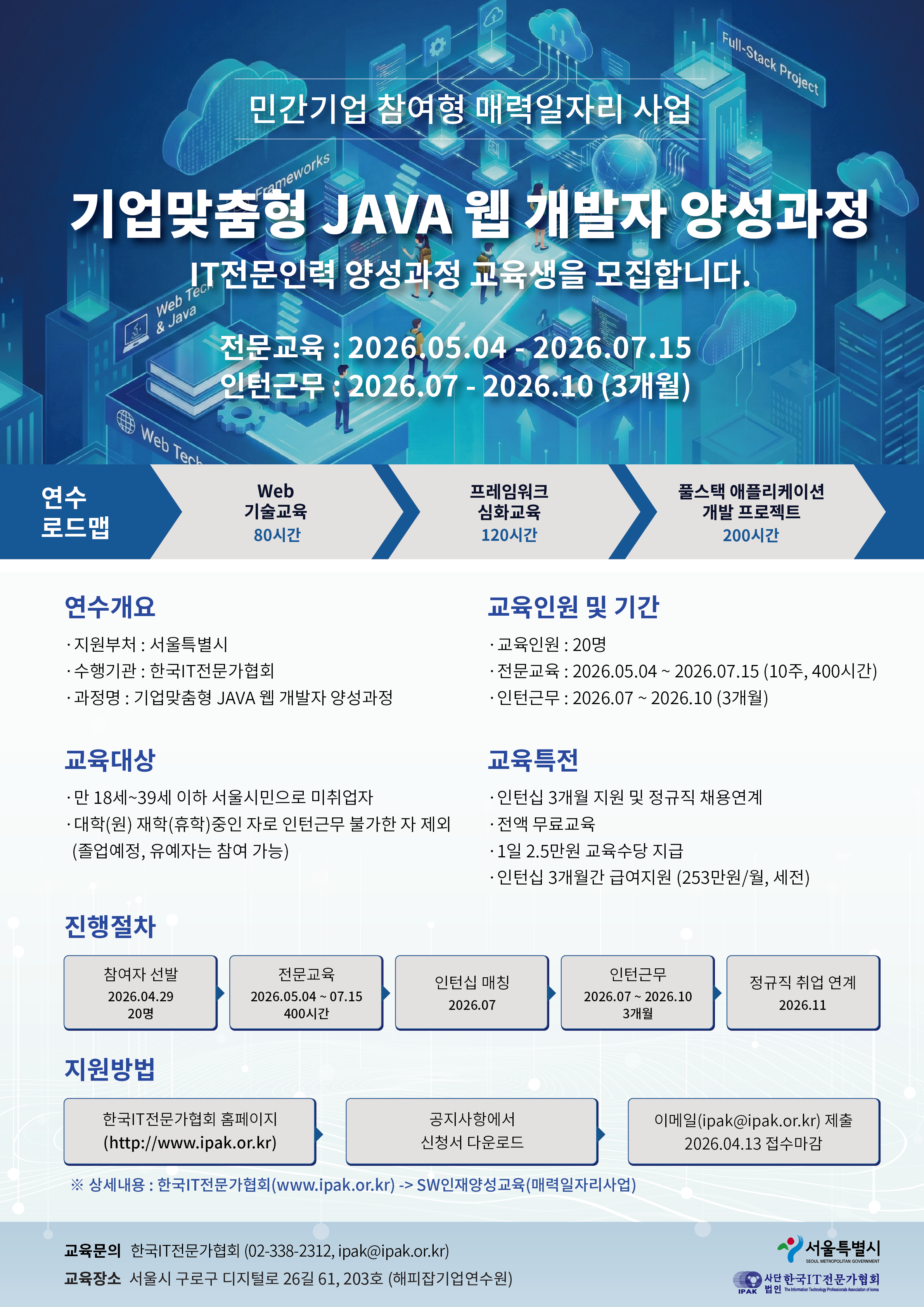 [2026 서울시 매력일자리] 기업 맞춤형 자바(JAVA) 웹 개발자 양성 과정 교육생 모집
