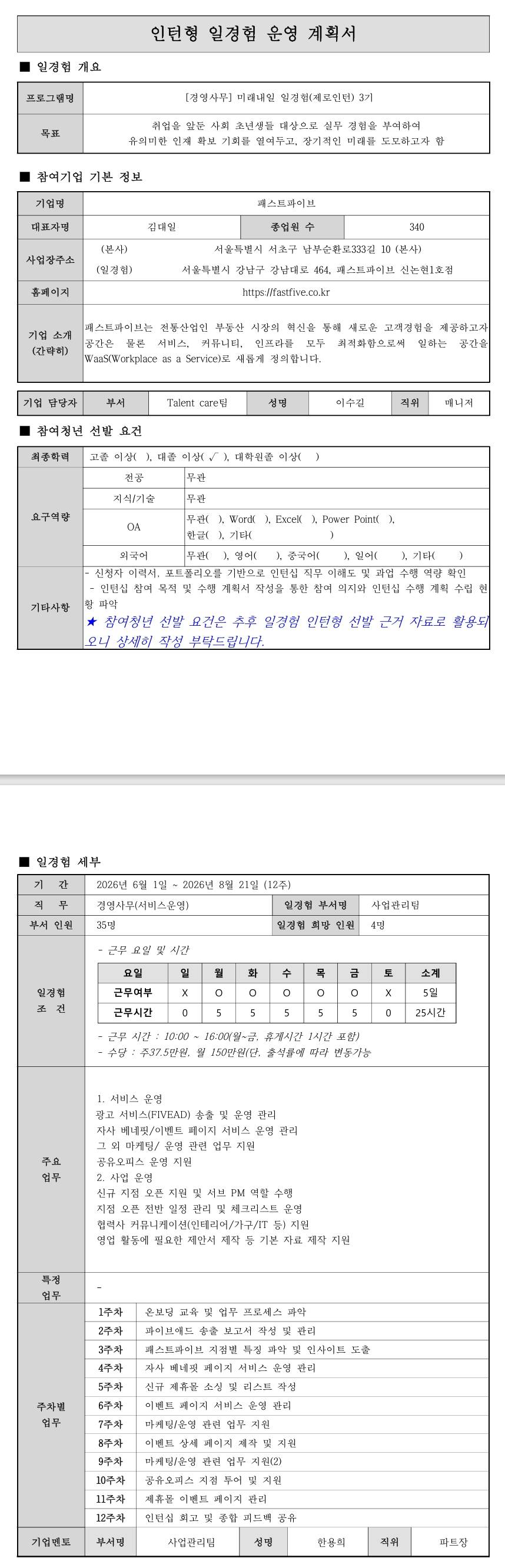 [패스트파이브] 미래내일 일경험 (제로인턴) 3기 - 경영사무(서비스 운영)