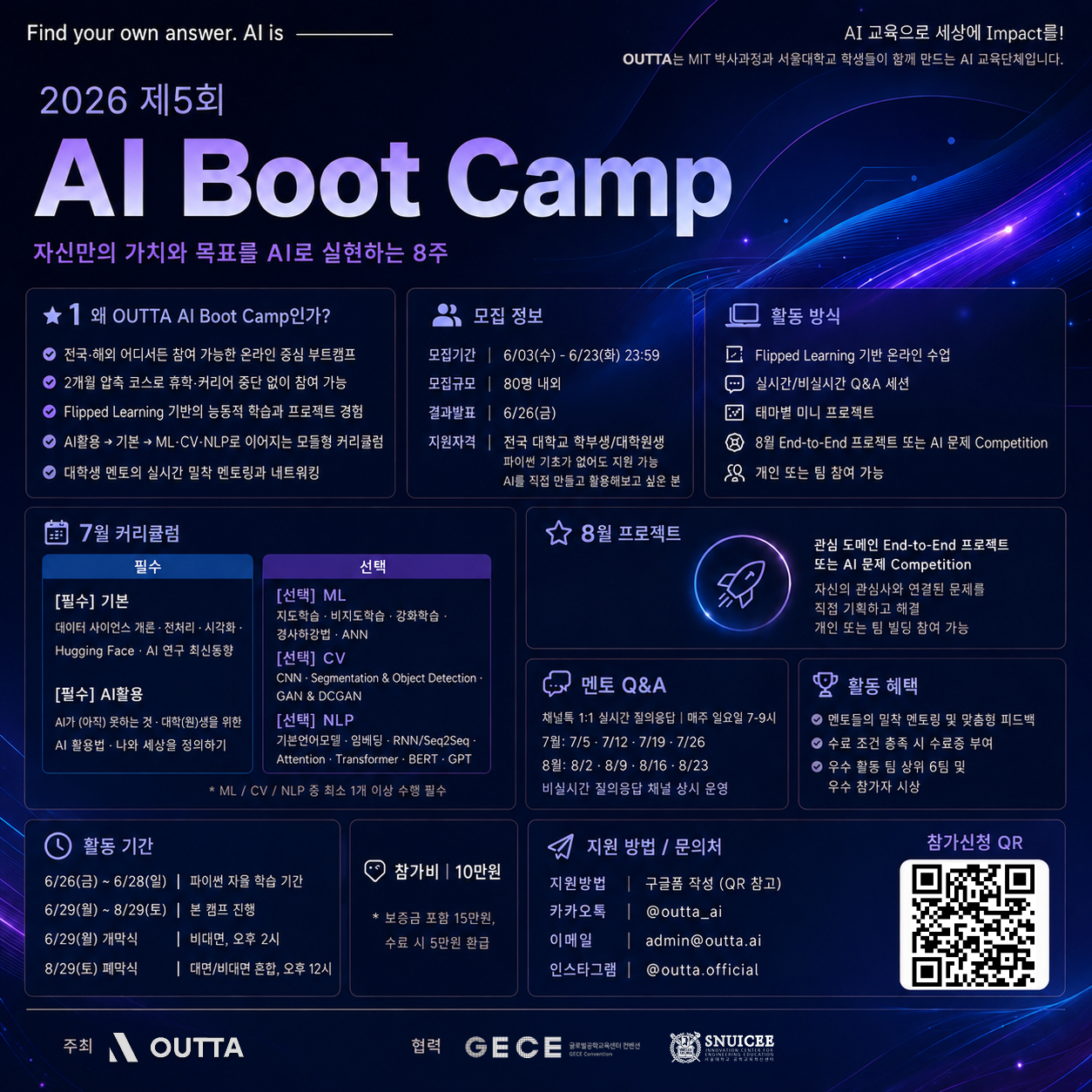 (추가모집) AI/데이터사이언스/딥러닝 배우고 싶은 사람들을 모집합니다! 2026 제 5회 OUTTA AI 부트캠프