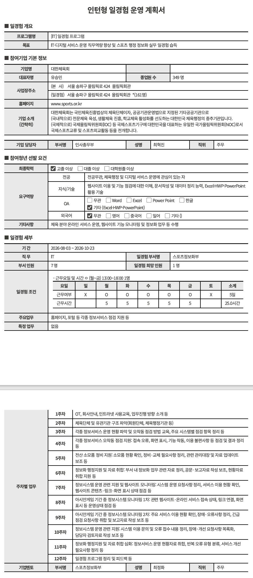 [대한체육회] (서울) IT직무_국민취업지원 연계 일경험프로그램(20차)