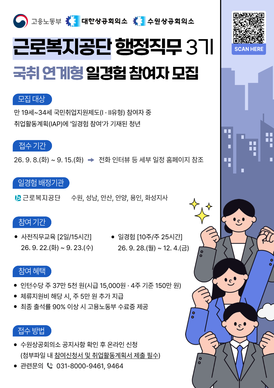 ★근로복지공단 행정업무 참여기회★ 수원상공회의소 2026 미래내일일경험사업 3기 참여자 모집
