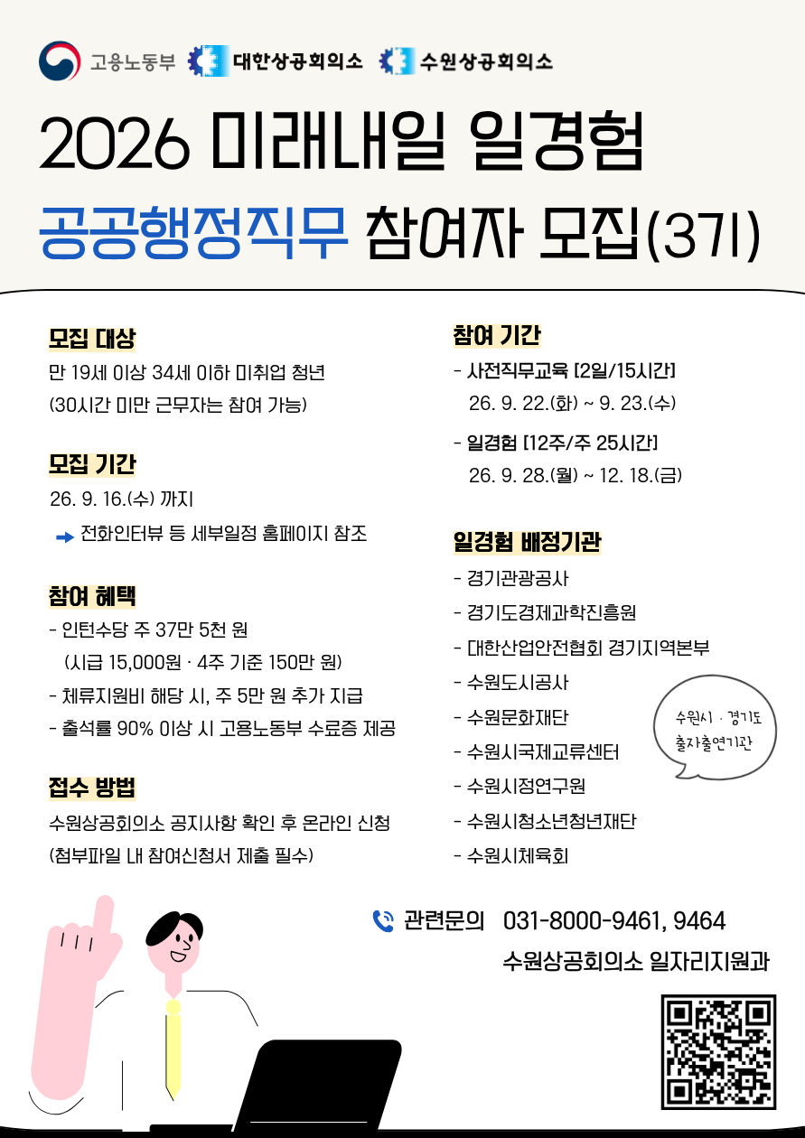 ★공공행정 직무 참여기회★ 수원상공회의소 2026 미래내일일경험사업 3기 참여자 모집