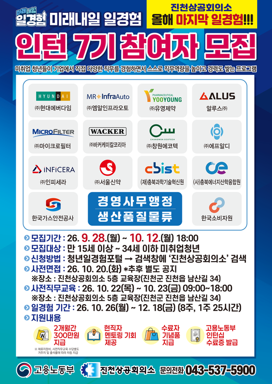 진천상공회의소 미래내일 일경험 청년인턴 7기 참여자 모집