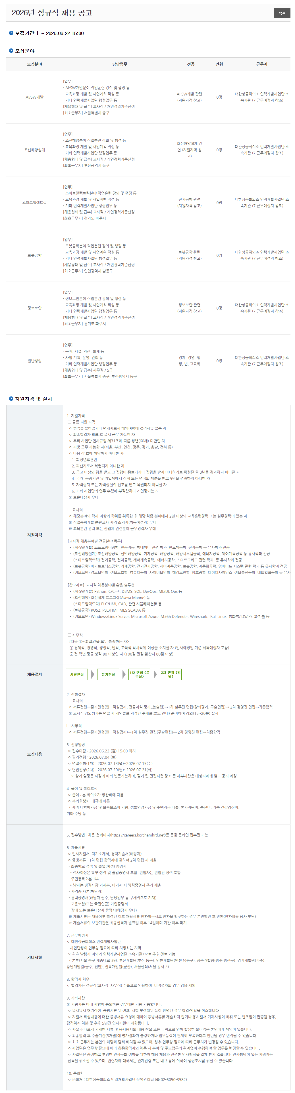 [대한상공회의소] 2026년 각 분야별 정규직 채용 (~06/22)