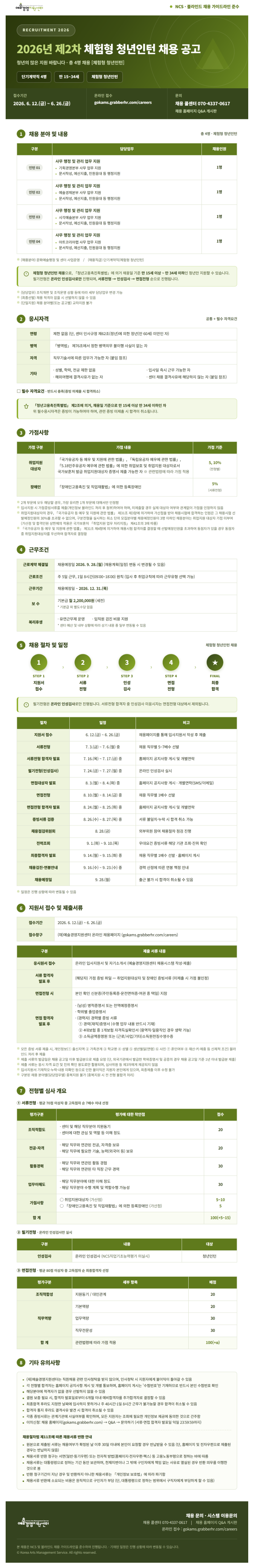 [예술경영지원센터] 2026년 제2차 체험형 청년인턴 채용 (~06/26)