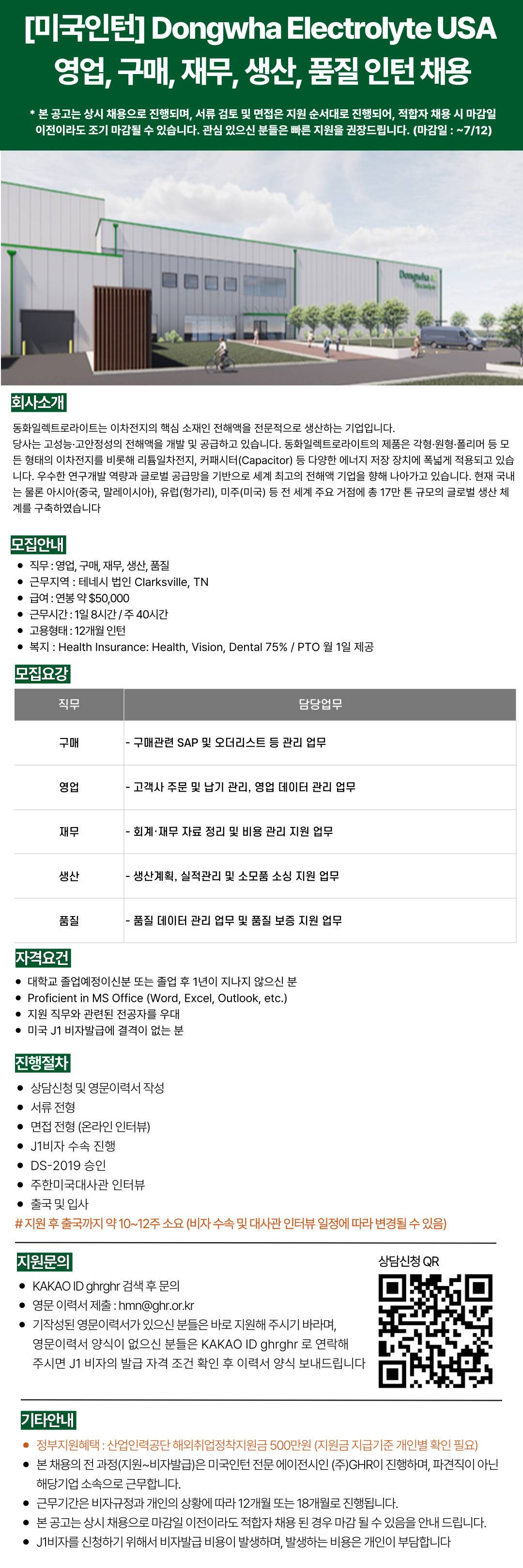 [미국인턴] Dongwha Electrolyte USA 영업, 구매, 재무, 생산, 품질 인턴 채용