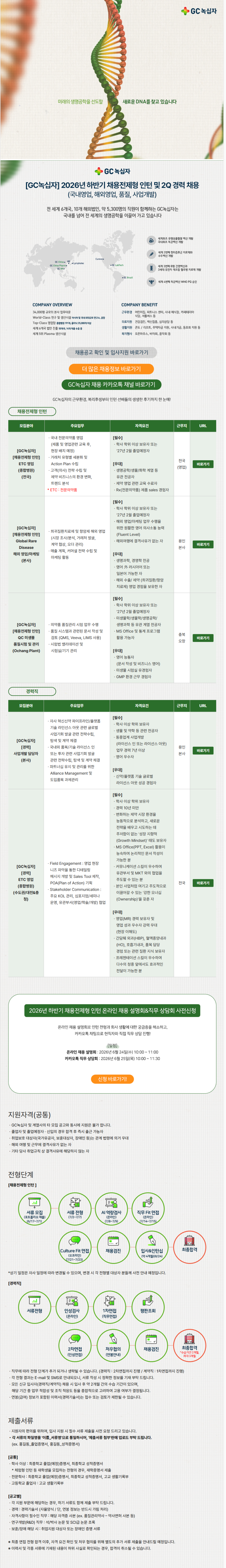 [GC녹십자] 2026년 하반기 채용전제형 인턴 및 2Q 경력 채용