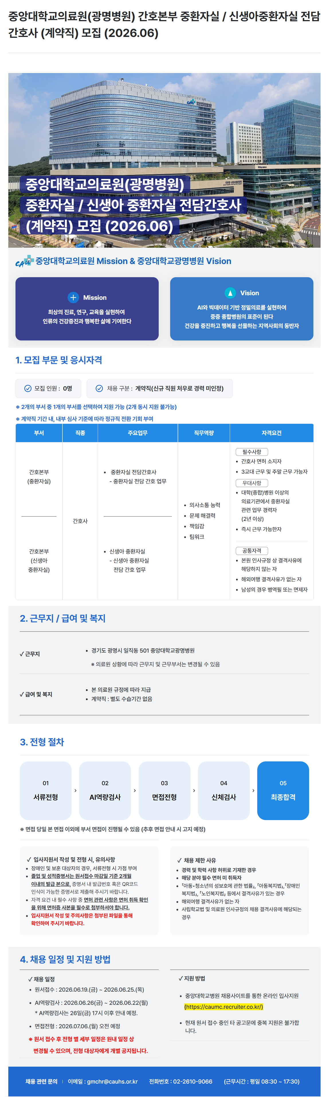 [중앙대학교병원] (광명병원) 간호본부 중환자실 / 신생아중환자실 전담간호사 (계약직) 모집 (2026.06)