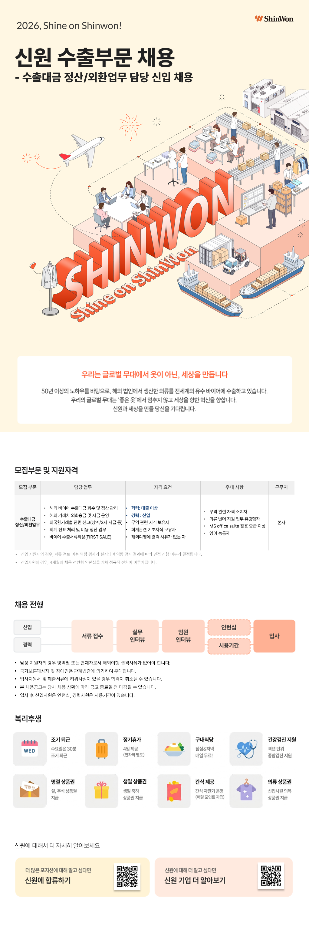(주)신원 수출대금 정산/외환업무 담당 신입 채용