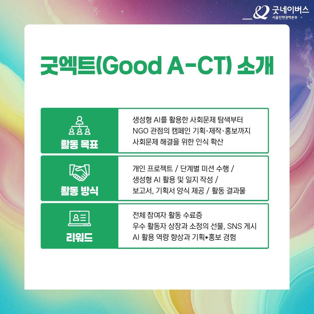 [굿네이버스] AI 활용으로 캠페인 기획/제작/홍보하자! '굿엑트(Good A-CT) 1기' 모집 (비대면/수료증)