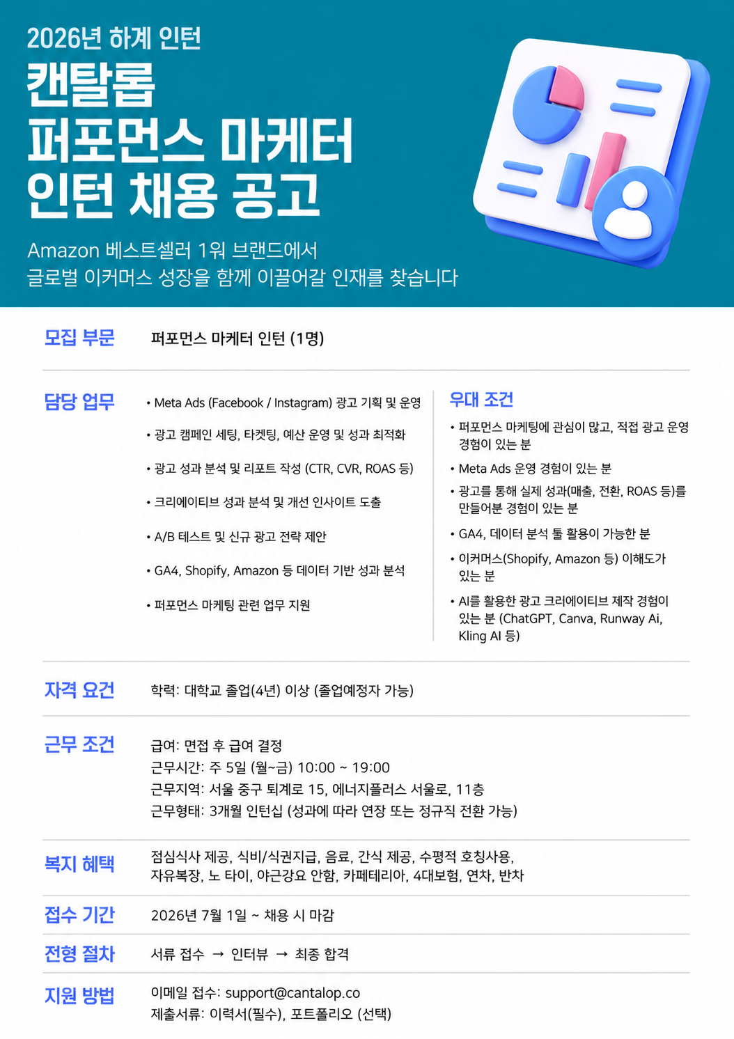 아마존 베스트셀러 브랜드 캔탈롭 퍼포먼스 마케팅 인턴 채용