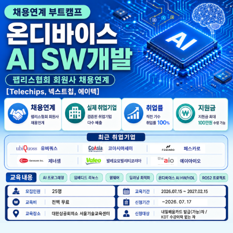 [Telechips, 넥스트칩, 에이텍] 온디바이스 AI SW개발7월 개강 채용연계과정 (전액 무료 KDT, 선착순 1명 추가 모집)