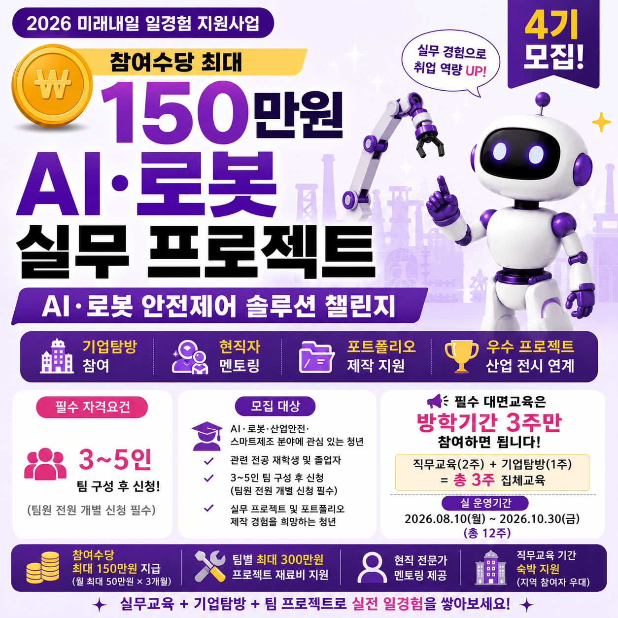 [참여수당 최대 150만원, 팀 프로젝트, 멘토링] AI·로봇 안전제어 솔루션 챌린 4기