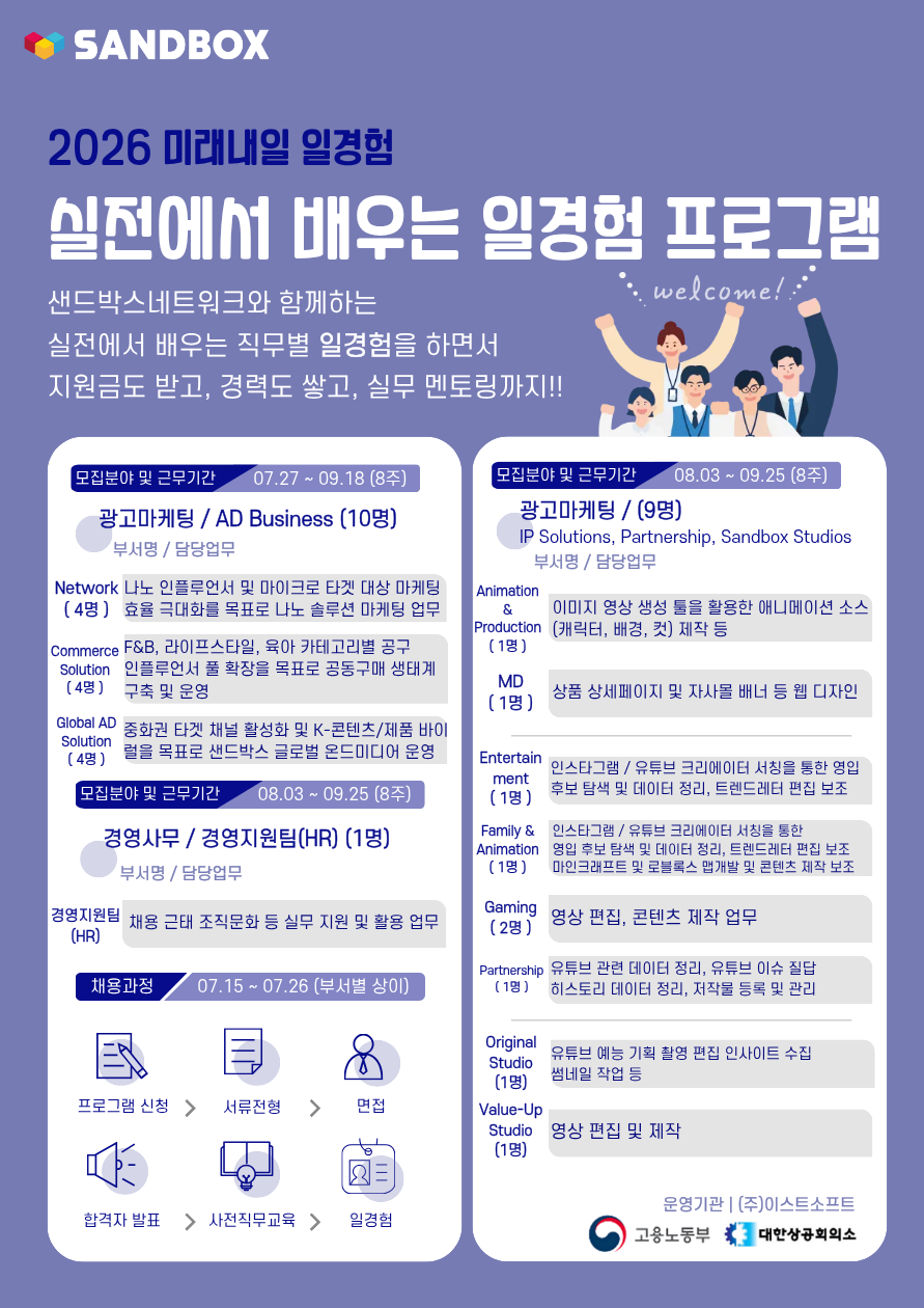 [샌드박스] 미래내일 일경험 인턴 대모집 (마케팅, 경영사무)