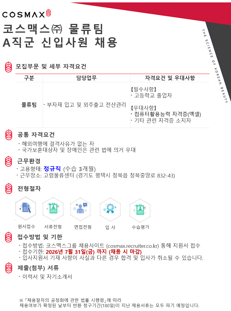 [코스맥스] 물류팀 A직군 신입사원 채용