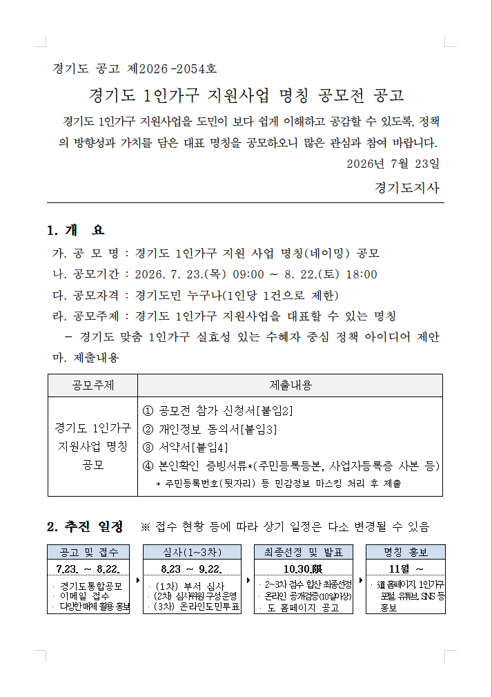 경기도 1인가구 지원사업 명칭 공모전 공고