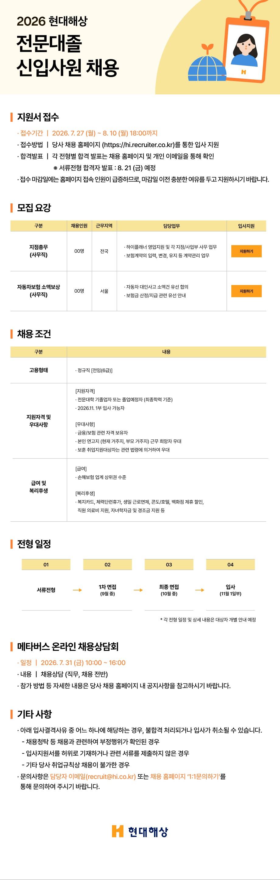 [현대해상화재보험] 2026년 현대해상 전문대졸 신입사원 채용