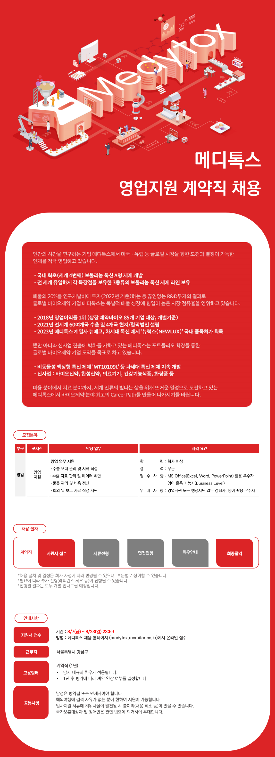[메디톡스] 영업지원 계약직 채용