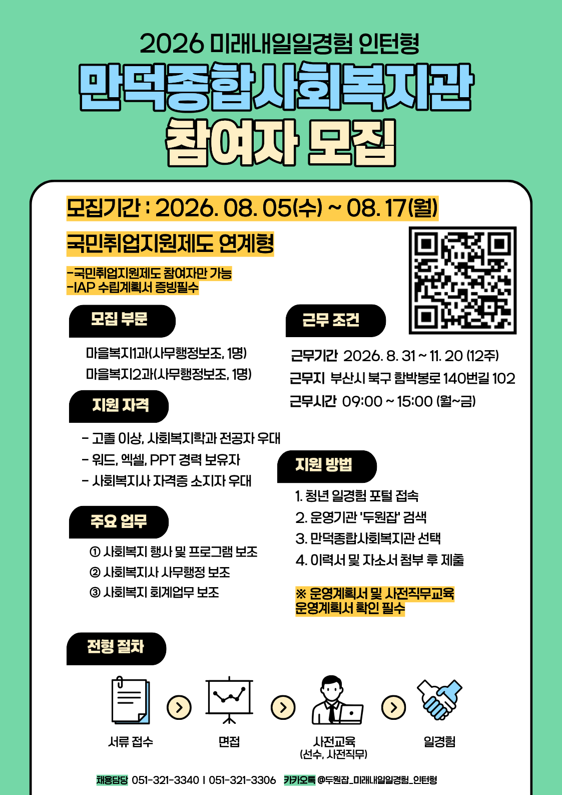 [2026년 미래내일 일경험(인턴형)] 만덕종합사회복지관 경영·사무 직무 참여 청년 모집! (~8/17)