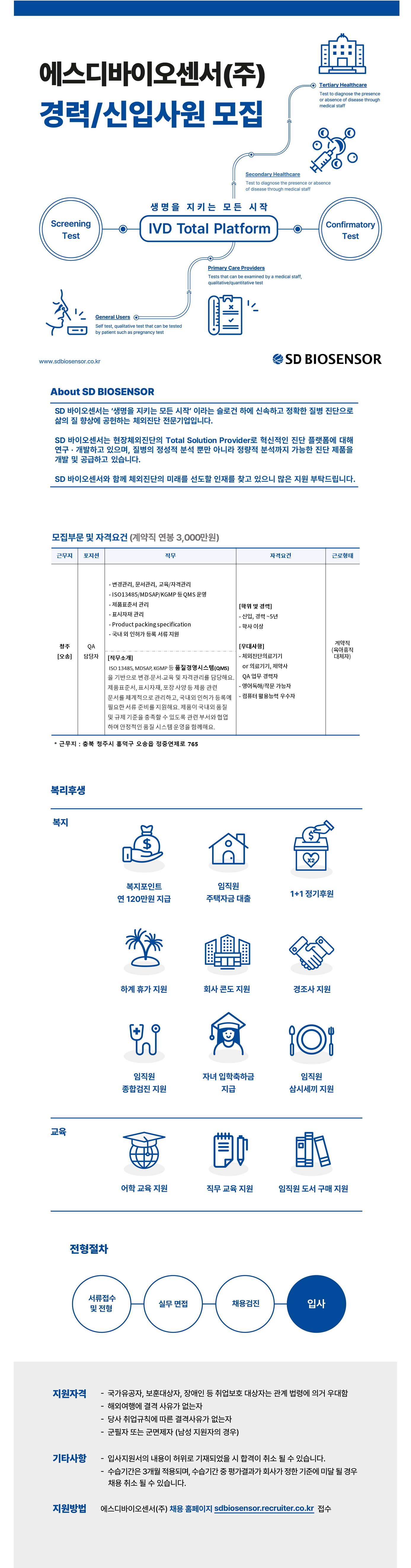 [에스디바이오센서] [8월/신입경력/청주] QA 담당 계약직 채용