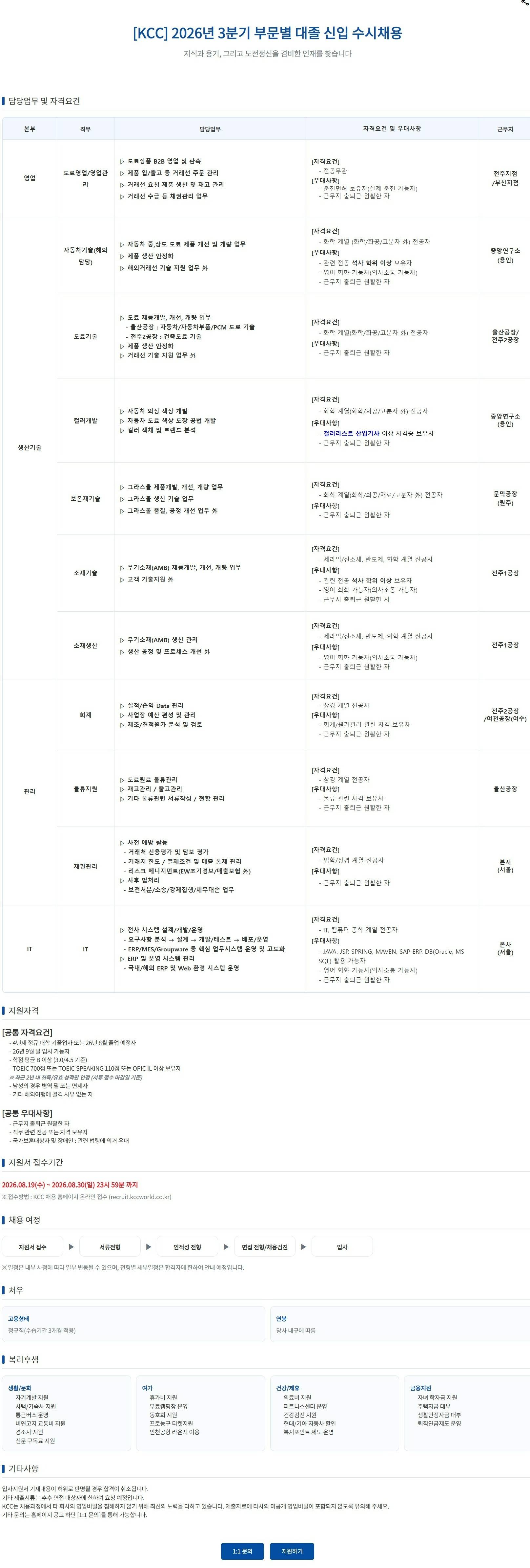 [KCC] 2026년 3분기 부문별 대졸 신입 수시채용