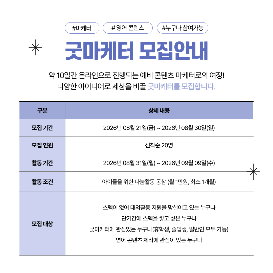 [굿네이버스] ‘굿마케터 영어편 4기’ 모집 (영어스펙/초보자OK/비대면)
