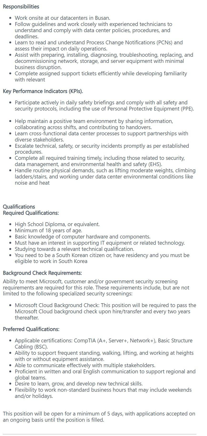 [한국마이크로소프트] Data Center Technicians Intern