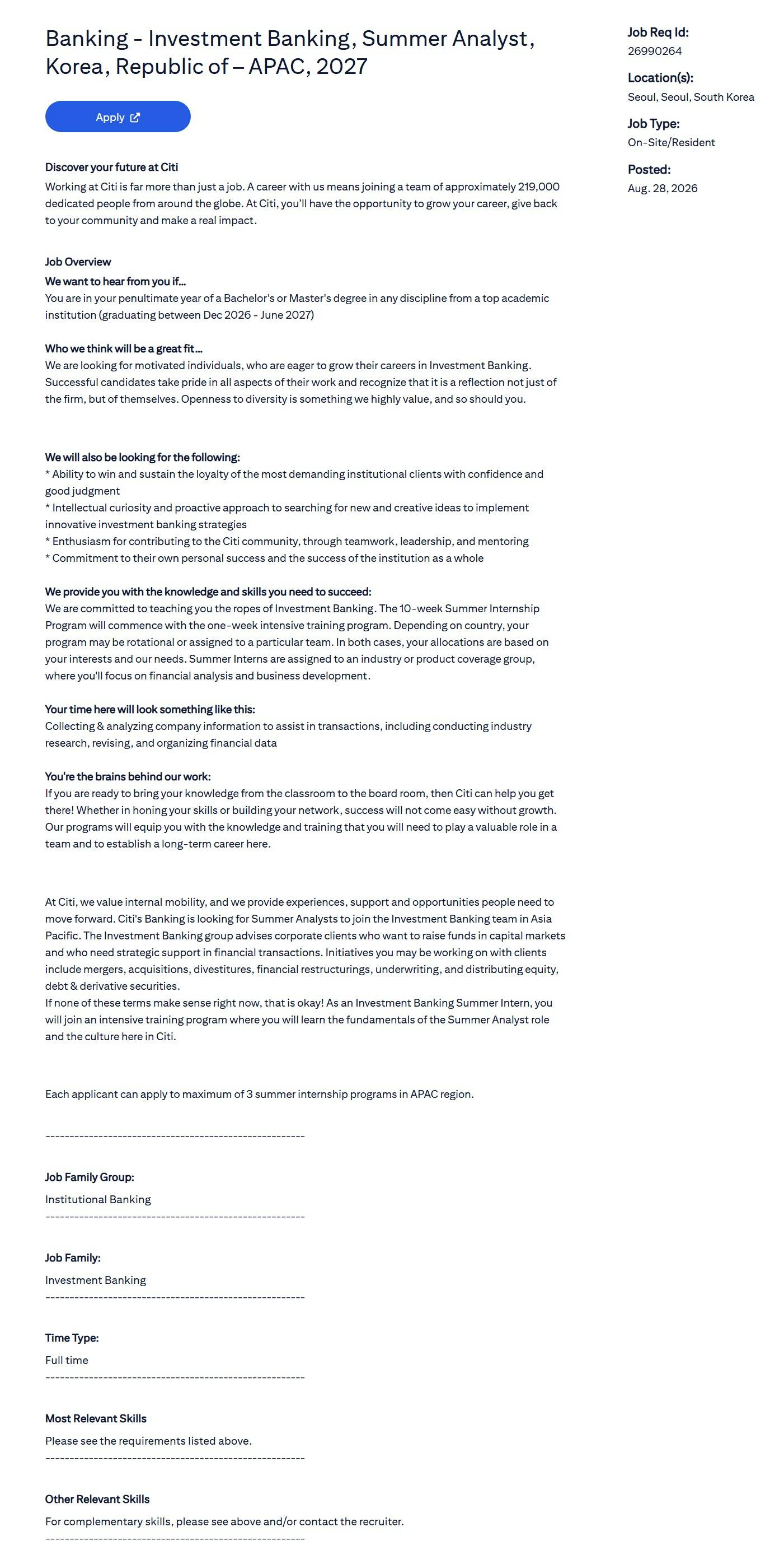 [한국씨티은행] Banking - Investment Banking, Summer Analyst, Korea, Republic of – APAC, 2027