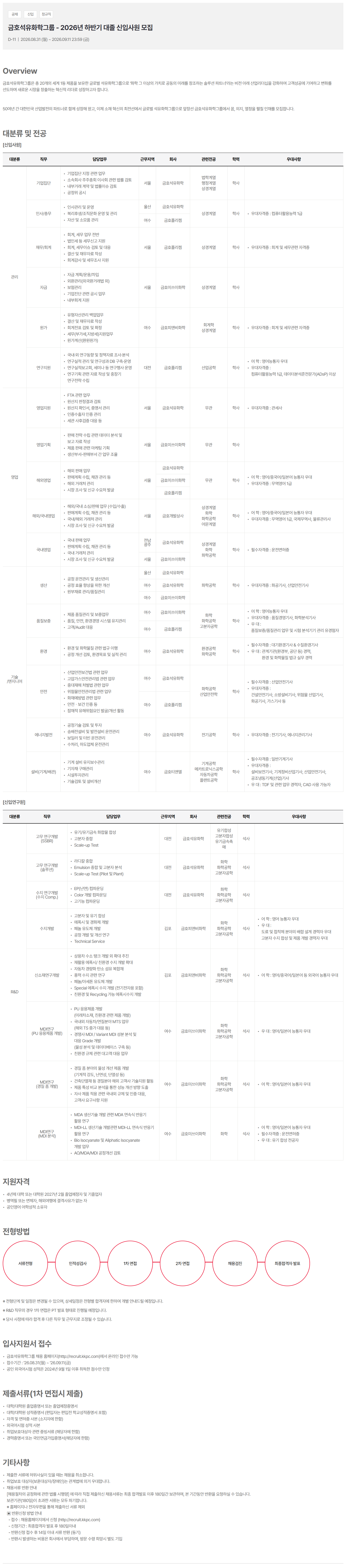 [금호석유화학그룹] 2026 하반기 신입사원 공개채용