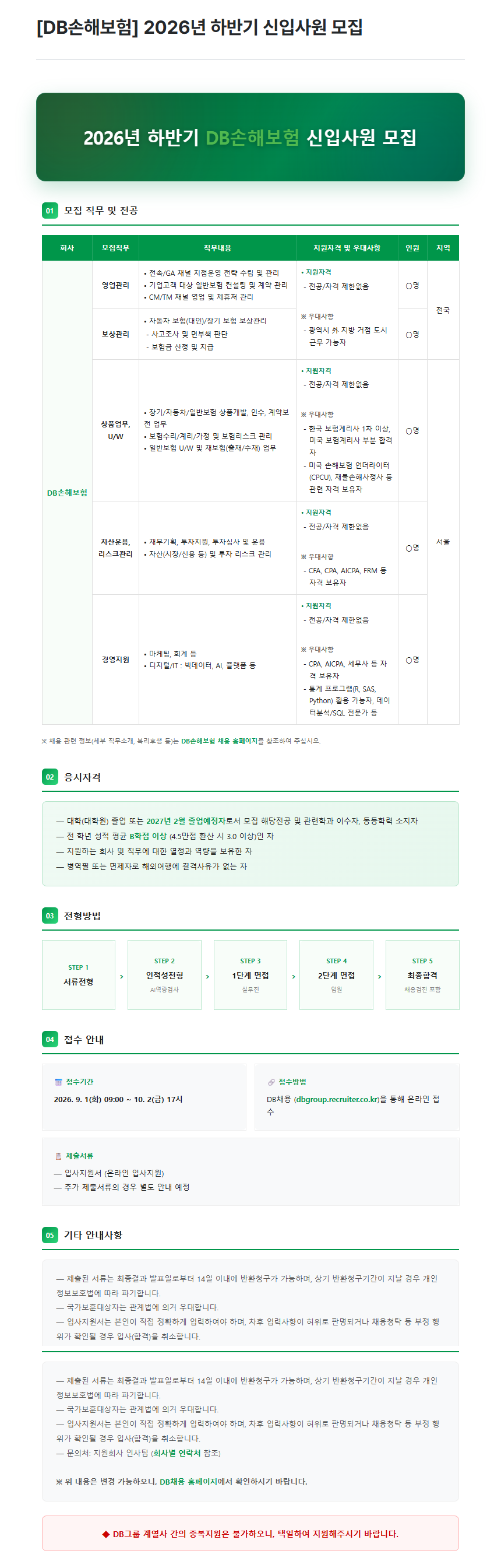 [DB손해보험] 2026년 하반기 신입사원 모집