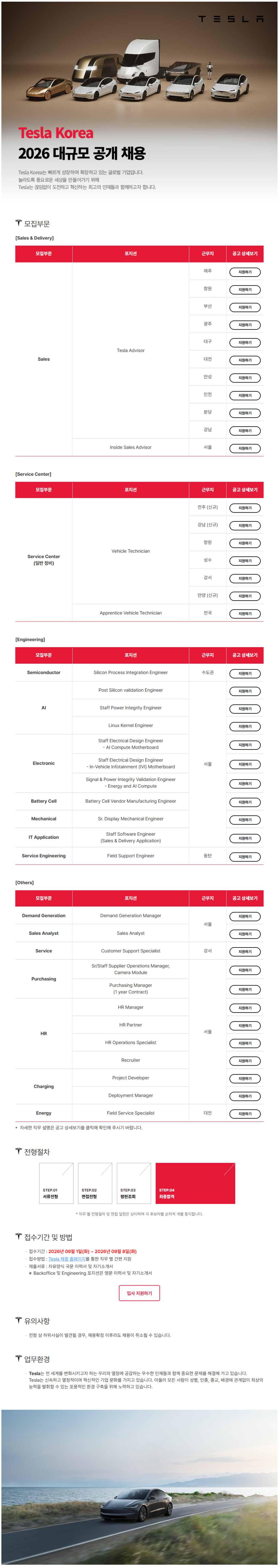 [테슬라코리아] Tesla Korea 2026 대규모 공개채용 (~09/08)